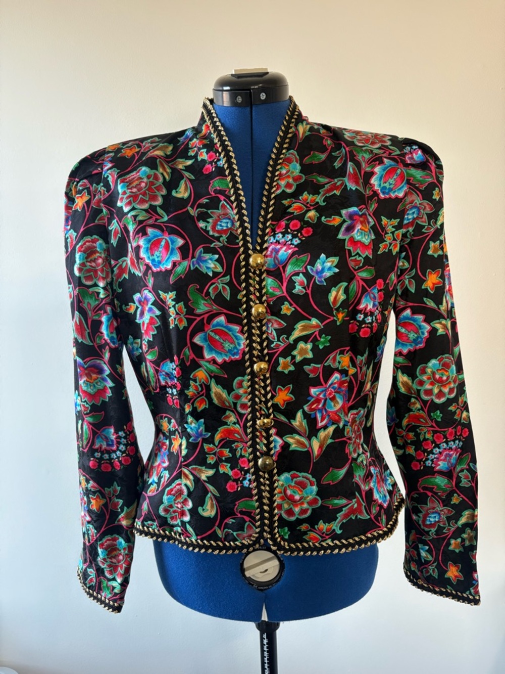 Floral Silk Black Jacket with Gold/Black Trim - Women
